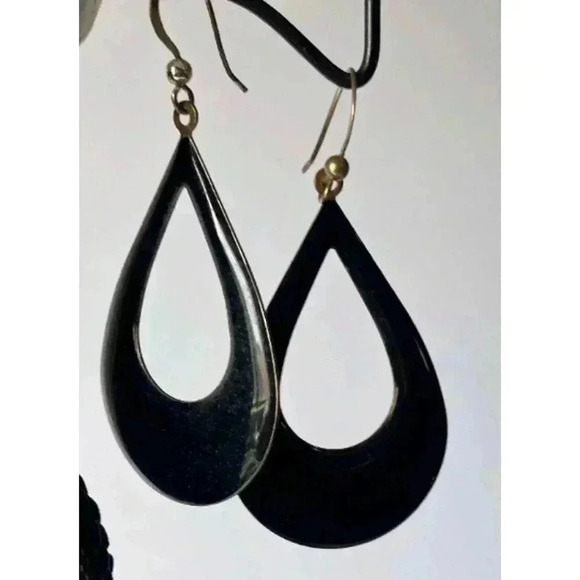 VTG Black Enamel Gold Tone Metal Kitsch Earrings 1980s Oval - Picture 5 of 6